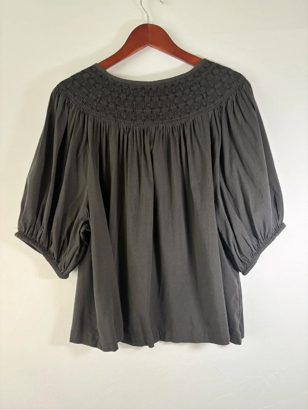 Old Navy Smocked Peasant Blouse XXL Gray Tassel Tie Boho Cotton Blend Top